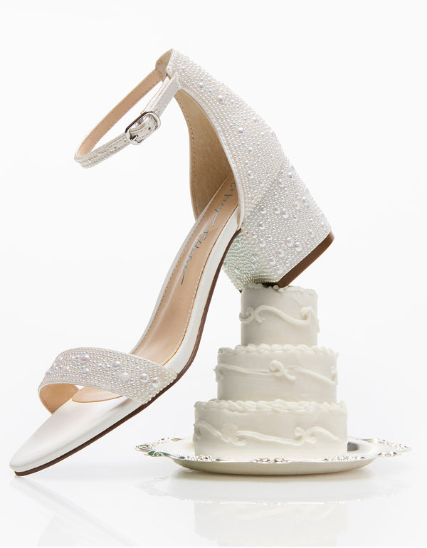 Ivory Alencon Lace Open Toe Bridal Block Heels with Bow